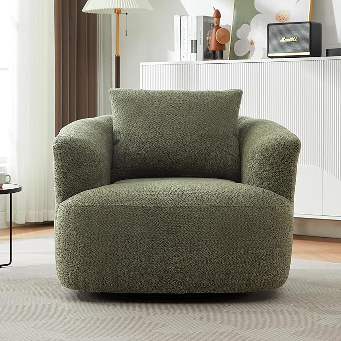 Merax Modern Cozy Chenille 360° Swivel Sofa Chair w/a Throw Pillow, 38.2" Upholstered Leisure Barrel Accent Armchair with Deep Seating for Living Room Bedroom,Office, Hotel, Easy Assemble, Green
