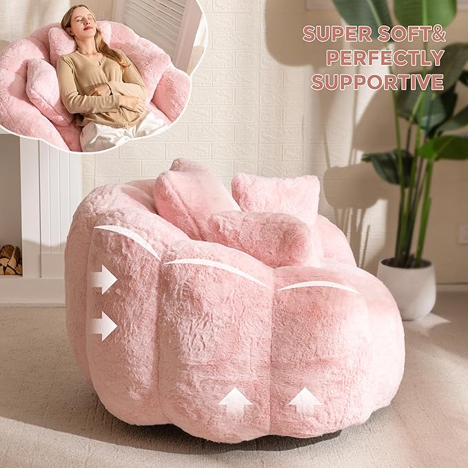 MAXYOYO Bean Bag Chair with 3 Pillows, Oversized Floral Shaped Bean Bag Sofa for Adults, Ultra Soft Faux Fur Floor Sofa, Large Stuffed Reading Chair for Living Room Bedroom, Pink