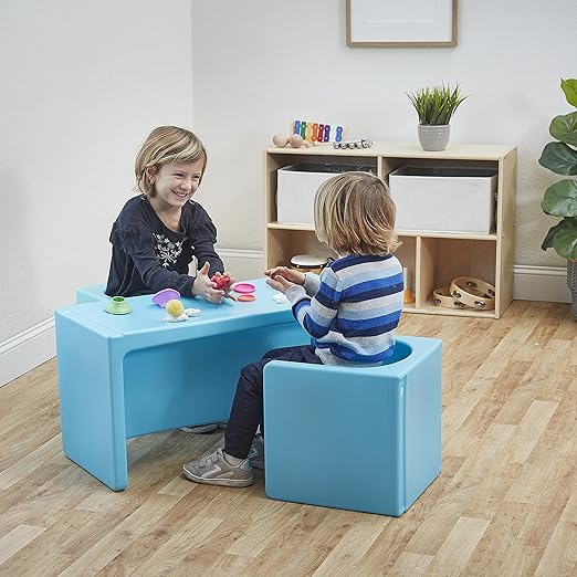 ECR4Kids Tri-Me Table and Cube Chair Set, Multipurpose Furniture, Cyan, 3-Piece