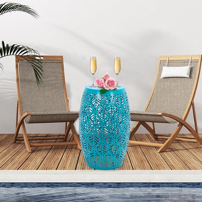 HPC Decor Outdoor Side Table - 18.3" Tall Iron Side Table with Waterproof Solar Powered Light, Cutout Blue End Table,Small Patio Side Table for Outside,Backyard, Pool, Indoor,Decorative Garden Stool.