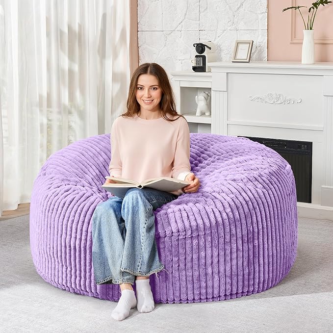 HABUTWAY 4FT Bean Bag Chair, 4' Large Bean Bag Chairs for Adults with Removable Stripe Plush Cover, Memory Foam Beanbag Chair for Living Room Bedroom Dorm (Purple)