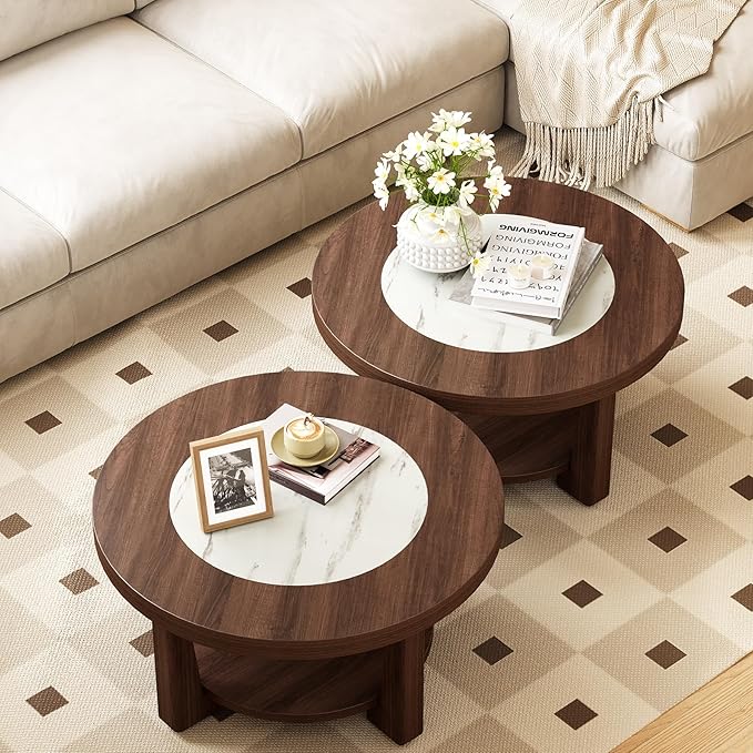 LITTLE TREE Modern Round Coffee Table, 2-Tier Wood Coffee Table with Storage, Marble-Like Tabletop for Living Room, Simple & Modern Center Table for Small Space, Brown