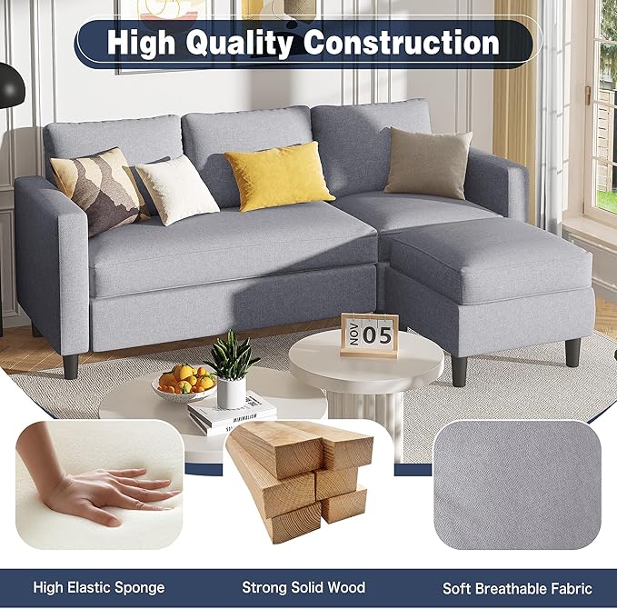 Small Sectional Sofa Couch, 3 Seat L Shaped Couches with Ottoman, Upholstered Fabric Convertible Sofa, Small Couch for Apartments, Living Room and Office (Light Grey)