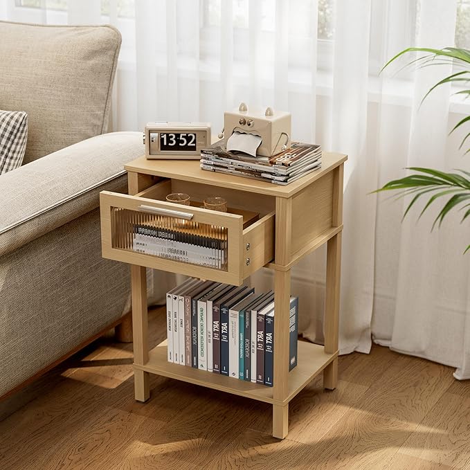 Nightstand Wooden Bedside Table with Drawer Natural Wood Night Stands Modern Style Small End Table Side Table with Storage Shelf for Bedroom Living Room MLBZ10YEV
