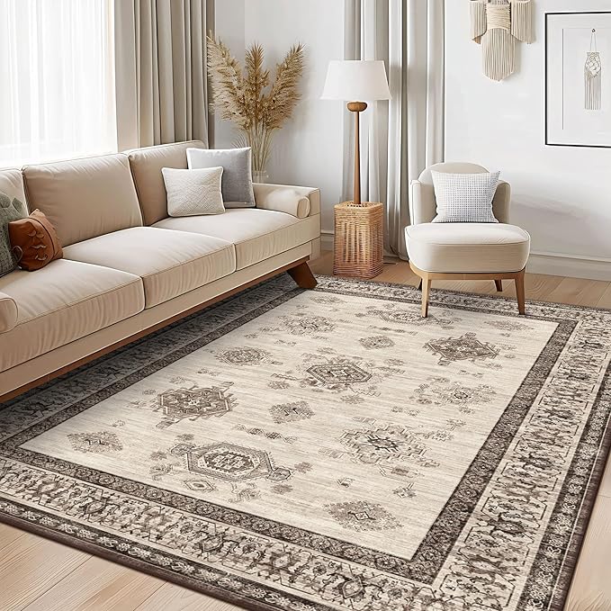 2X5 Area Rugs Machine Washable Rugs for Living Room, Vintage Boho Large Rugs for Bedroom Dining Room, Non Slip Indoor Soft Distressed Lightweight Thin Low Pile Carpet, Beige