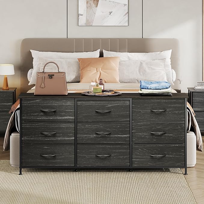 WLIVE 54''W Dresser for Bedroom, Black Dresser TV Stand for 55, 60, 65 inch TV, Wide Chest of Drawers with 9 Drawer, Large Entertainment Center, Fabric Dressers with Wood Top for Closet, Living Room