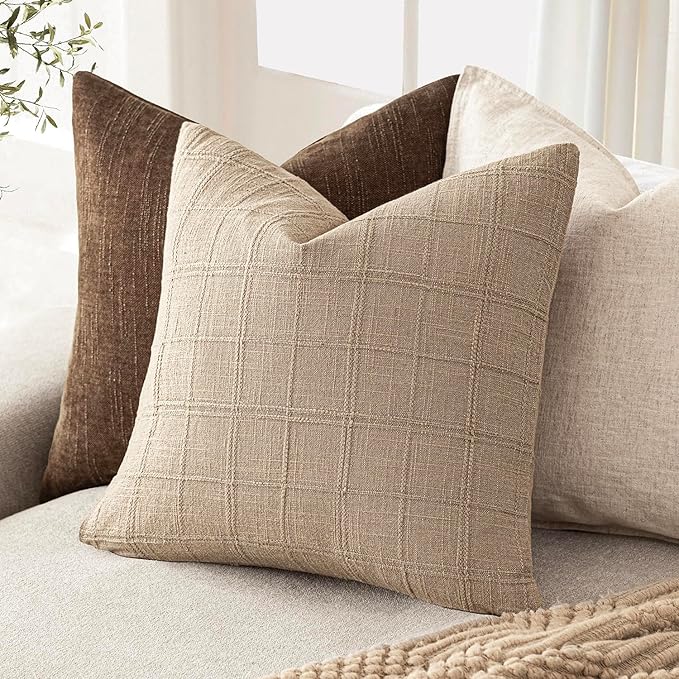 Foindtower Set of 2 Decorative Linen Check Throw Pillow Covers Neutral Farmhouse Vintage Cushion Covers Modern Coastal Boho Home Decor For Sofa Chair Couch Bedroom Living Room Outdoor,16×16 Inch,Camel