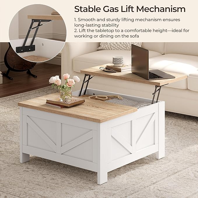 Yaheetech Farmhouse Lift Top Coffee Table with Storage, Square Coffee Table for Living Room, 31.5 Inches Center Tables with Large Hidden Storage Compartment for Home Office, White & Light Oak