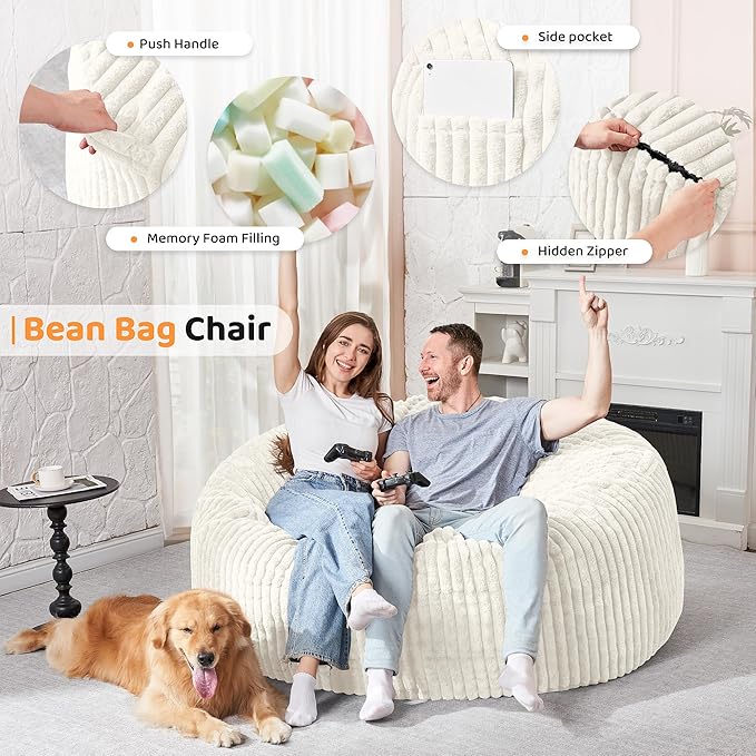 HABUTWAY 5FT Bean Bag Chair, 5' Large Bean Bag Chairs for Adults with Removable Stripe Plush Cover, Memory Foam Beanbag Chair for Living Room Bedroom Dorm (White)