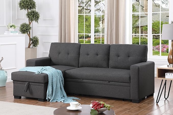 Ball & Cast L-Shape Reversible Sectional Sleeper Sofa Bed 4 in 1 Pull Out Couch with Storage Chaise USB Ports & Cup Holder Convertible Sleeper Corner Couch Pull-Out Sofa Bed for Living Room Office