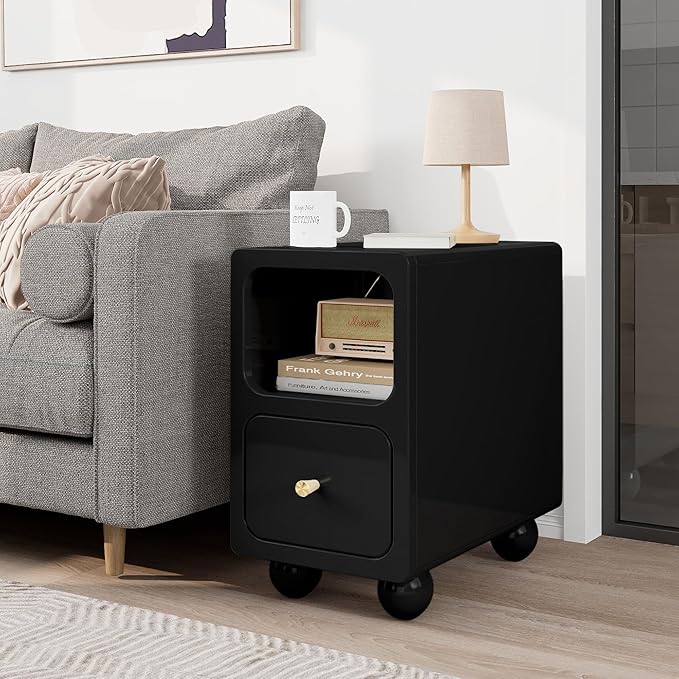 Solid Wood Nightstand, Narrow Night Stand with Drawers, Black Mid Century Modern Nightstand, Small Beside Table with Open Storage Shelf for Bedroom (10 inch)