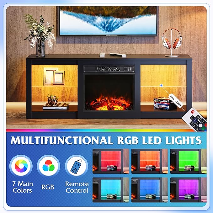 WLIVE 58 Inches Fireplace TV Stand with LED Lights, Modern Entertainment Center with 18'' Electric Fireplace & Adjustable Glass Shelves, Sturdy Media Console for Living Room, Bedroom,Gaming (Black)