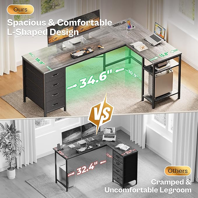 Huuger 63 Inch L Shaped Desk with Fabric Drawers, Reversible Computer Gaming Desk with Power Outlets and USB-C Port, Adjustable Side Storage Shelves, for Work Study Corner Home Office, Grey