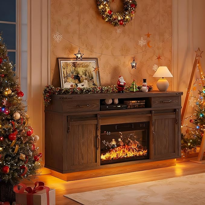 59'' Fireplace TV Stand with 3D Flame Electric Fireplace Heater, 34'' Tall Farmhouse TV Stand for 65 Inch TV, Entertainment Center TV Console with 2 Drawers, Sliding Barn Door for Living Room - Black