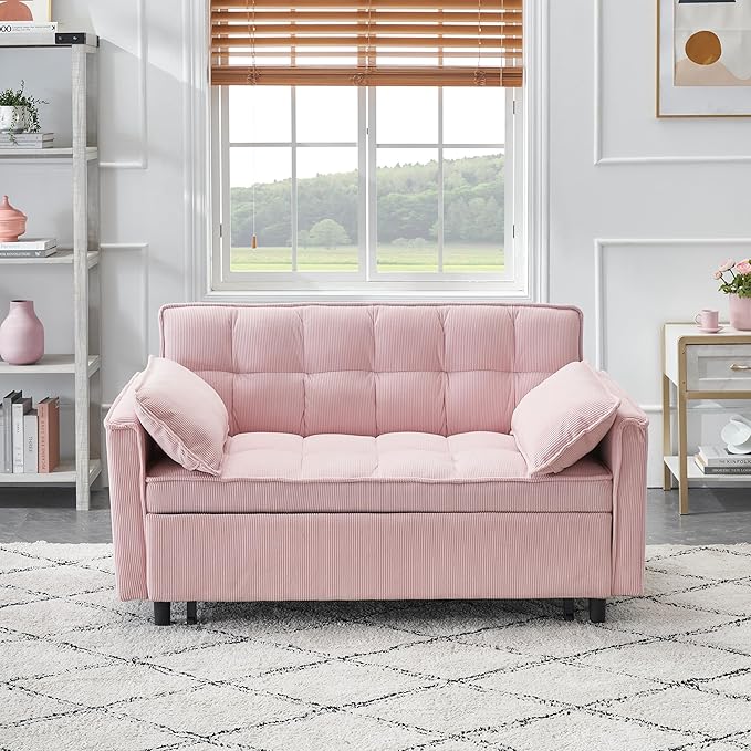 Ball & Cast Convertible Sofa Bed,Loveseat Sleeper Sofa W/Pull-Out Bed,Convertible Pull Out Couch W/2 Pillows,Adjustable Backrest&Side Pocket,Corduroy Futon Couches for Living Room,Apartment,Pink,54"