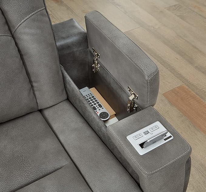 Signature Design by Ashley Next-Gen DuraPella Modern Faux Leather Power Reclining Loveseat with Console & Adjustable Headrest, Gray