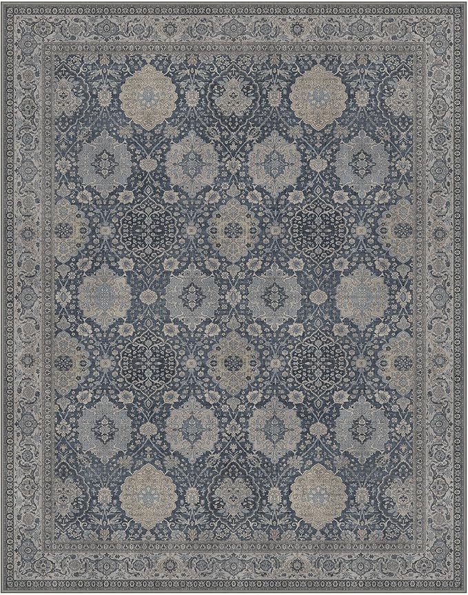 8X10 Area Rugs Machine Washable Rugs for Living Room, Vintage Boho Large Rugs for Bedroom Dining Room, Non Slip Indoor Soft Distressed Lightweight Thin Low Pile Carpet, Slate Blue