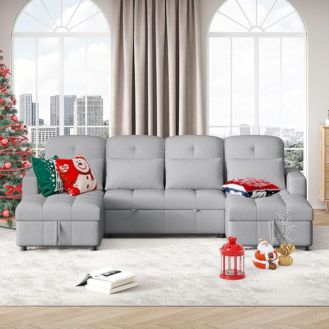 Ball & Cast 110.2" Oversized Versatile Sectional Sleep Sofa with Two USB Ports,U-Shape 4 Seat Pull-Out Couch w/Double Storage Chaise Lounges,for Living Room,Apartment,Office,Gray
