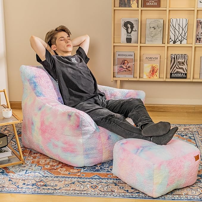 Bean Bag Chair, Sherpa Accent Beanbag Chair and Ottoman Set, Fur Faux BeanBag Chair with Memory Foam Filled, Lazy Sofa Comfy Cozy BeanBag Chair for Dorm, Apartment, Living Room (Colorful)