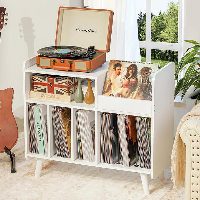 Record Player Stand, Large Record Player Table Cabinet with Open Vinyl Storage and Display Shelf Holds up to 350 Albums, Mid Century Wood Turntable for Living Room, Bedroom (White)