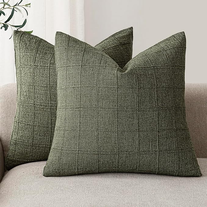 Foindtower Set of 2 Decorative Linen Check Throw Pillow Covers Neutral Farmhouse Vintage Cushion Covers Modern Boho Home Decor for Sofa Chair Couch Bedroom Living Room Outdoor,24×24 Inch,Olive Green