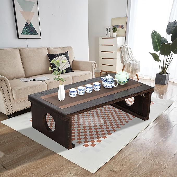 Foldable Japanese Coffee Table，Folding Japanese Floor Table，Natural Brown Coffee Table, Minimalist Tatami Table, Suitable for Living Room,Dining Room, Etc. (Antique Black, 39.4″x19.7″x11.8″)