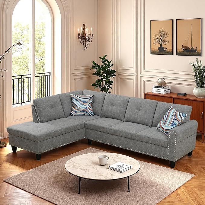 Modular L-Shaped Sectional Sofa, Modern Couches with Movable Chaise, Convertible 4-Seater Couch for Bedroom, Apartment & Office, Brown Grey
