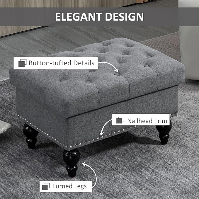 HOMCOM Ottoman with Storage for Living Room, 25" Storage Ottoman with Removable Lid, Button-Tufted Fabric Bench for Footrest and Seat with Wood Legs, Gray