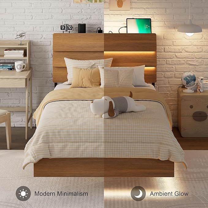 Feonase Floating Bed Frame Twin with Led Lights and Charging Station, Wood Full Size Bed Frame with Storage Headboard, Heavy Duty Metal Slats, No Box Spring Needed, Easy Assembly,Walnut