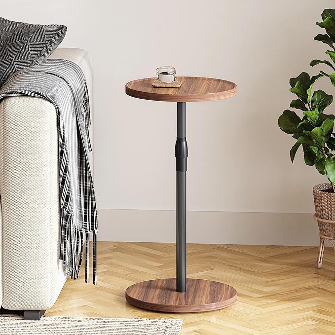 Adjustable End Table, Small Round Side Table, Drink Table for Small Spaces, Pedestal Nightstand for Living Room, Bedroom, Sofa Couch, Brown ET-010BR