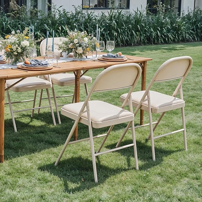 HealSmart 2 Pack Folding Chairs with Leather Padded Cushion Seats & Durable Metal Frame, Comfortable, Foldable, Portable, Commercial Event Seat, Indoor Outdoor for Home, Parties, Office, Kahki