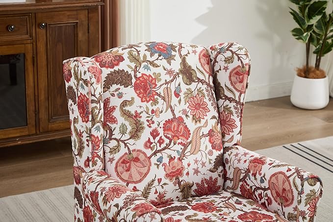 Ball & Cast Modern Accent Chair,Comfy Upholstered Armchair with Retro Wood Legs,Floral Design Single Sofa Chair,Living Room Furniture for Apartment,Bedroom,Office,Linen Fabric,Floral Red