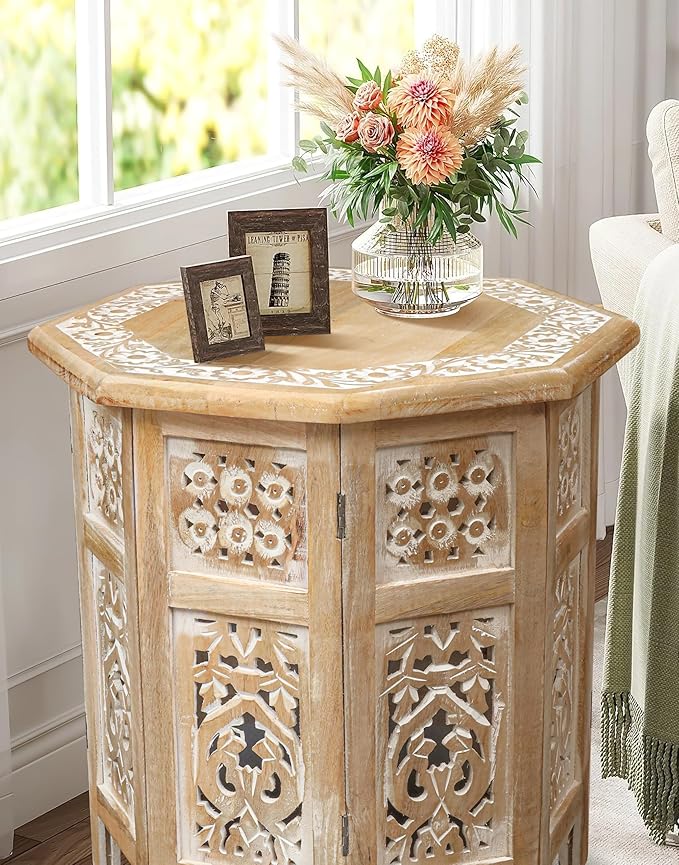 The Wooden Town Side Tables– Hand Carved Vintage Boho Folding End Tables for Living Room, Entryway, Living Room, Bedroom – No Tools Assembly, 18"x18" Octagon, White wash Finish