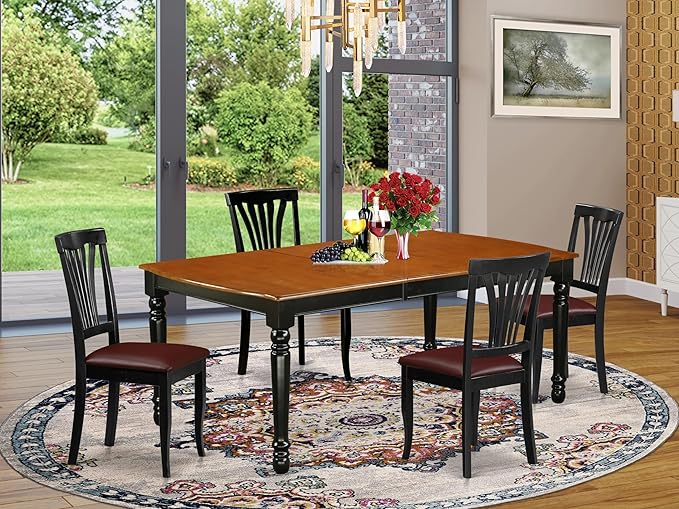 East West Furniture DOAV5-BCH-LC 5 Piece Modern Dining Table Set Includes a Rectangle Wooden Table with Butterfly Leaf and 4 Faux Leather Upholstered Chairs, 42x78 Inch, Black & Cherry