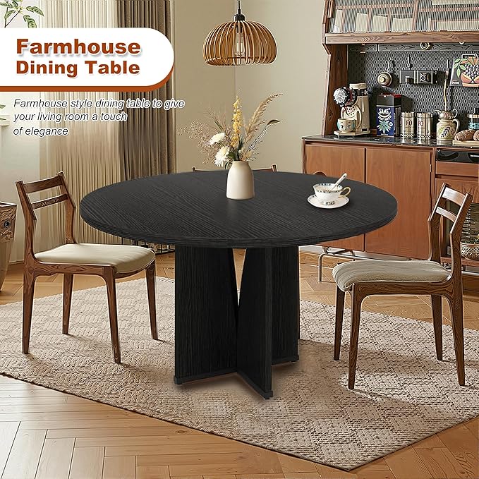 Round Dining Table for 4, 39 Inch Small Dinner Table Farmhouse Wooden Circle Kitchen Tables with Cross Base for Dining Room, Kitchen, Living Room, Black