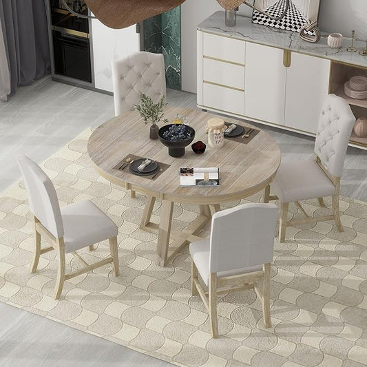 5 Pieces Dining Table Set with 42" Table,Living Room Furniture W/ 4 Upholstered Chairs,Tabletop Can be Adjusted from Round to Oval in Shape,for Restaurant,Home Bistro,Natural