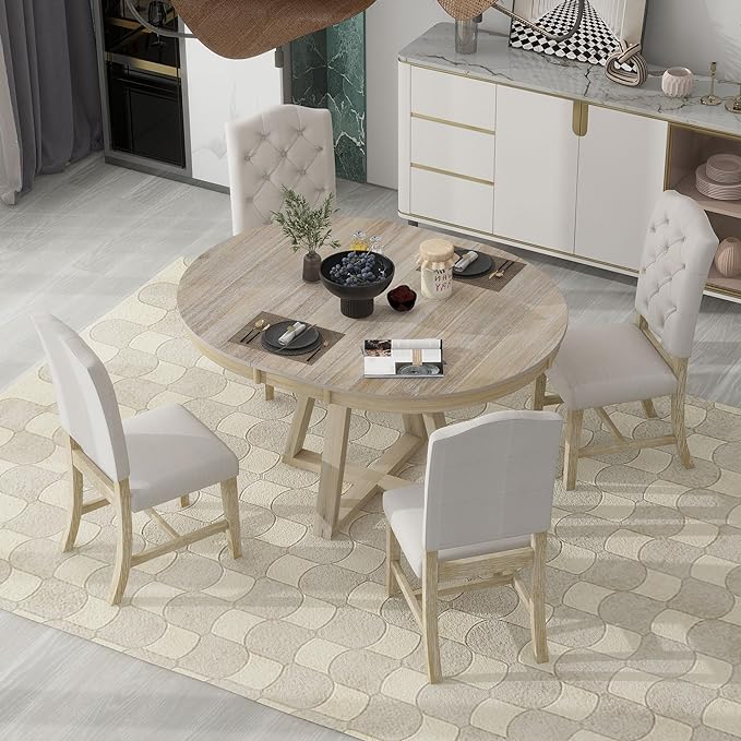 Ball & Cast 5 Piece Dining Table Set with 4 Upholstered Chairs,Living Room Furniture W/ 42" Table,Tabletop Can be Adjusted from Round to Oval in Shape,for Restaurant,Home Bistro,Natural