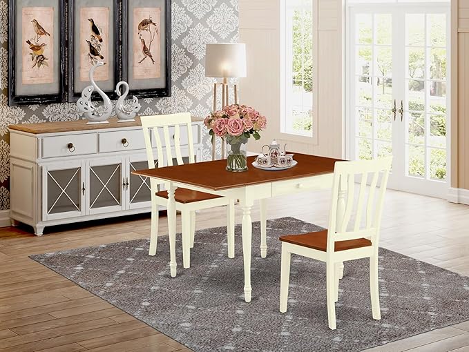East West Furniture MZAN3-WHI-W 3 Piece Kitchen Table & Chairs Set Contains a Rectangle Dining Table with Dropleaf and 2 Dining Room Chairs, 36x54 Inch, Buttermilk & Cherry