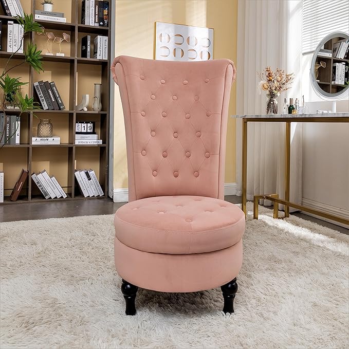 Container Furniture Direct Royal High-Back Velvet Accent Chair for Vanity with Storage and Luxurious Upholstery, Retro Design and Versatile Usage for Living Room, Bedroom, Lounge and Office, Rose