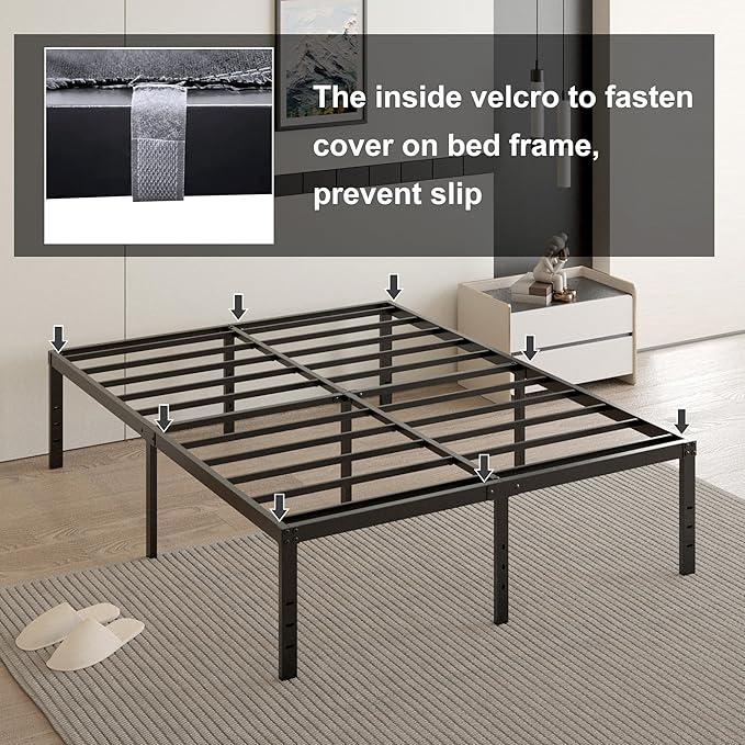 18 Inch California King Bed Frame with Black Bed Cover, Metal Cal King Bed Frame No Box Spring Needed, Heavy Duty Mattress Foundation, Easy Assembly, Noise Free