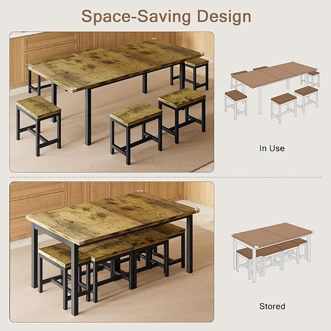 7-Piece Dining Table Set, 63" Extendable Kitchen Room Table with 6 Stools, Mid Century Modern Dinner Table with Metal Frame & MDF Board, Space-Saving, Easy Assembly, Rustic Brown