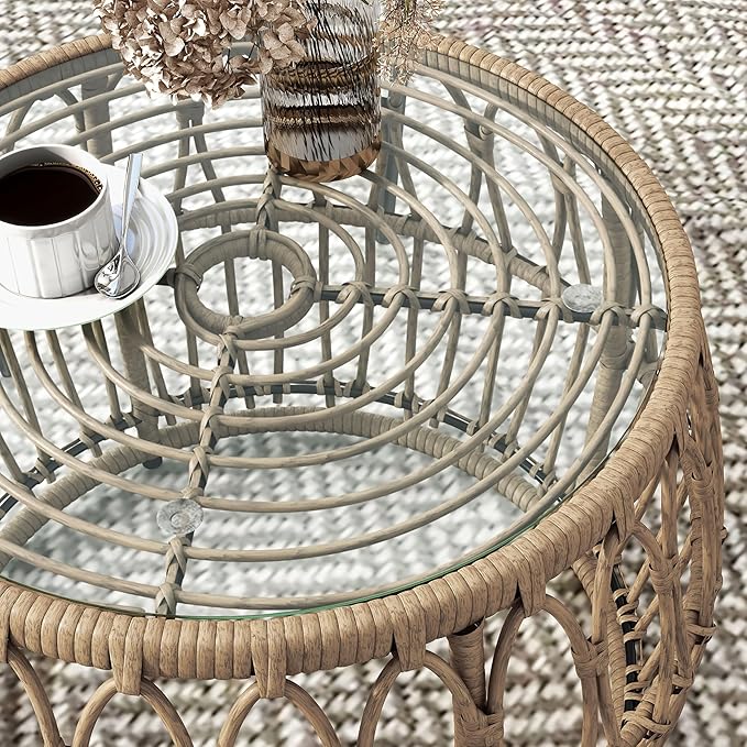 Muse & Lounge Co. Ysar Boho Rattan Round Coffee Table Outdoor with 5mm Tempered Glass Top, All-Weather and Rust Resistant Patio Furniture