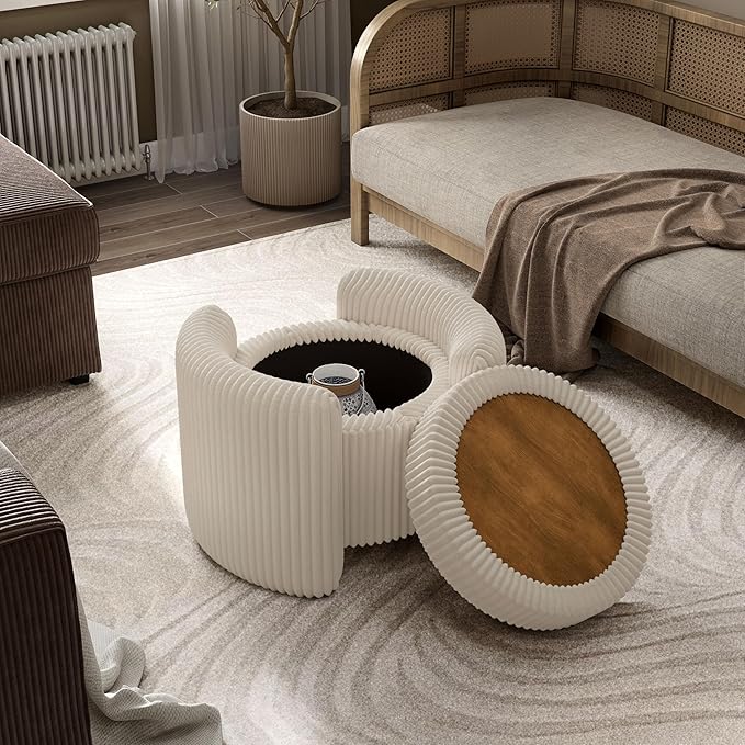 Furniture of America Lennox Modern Chenille 25-inch Round Storage Ottoman with Reversible Flip Top, Upholstered Footstool for Living Room, Bedroom, Entryway, Beige Pink