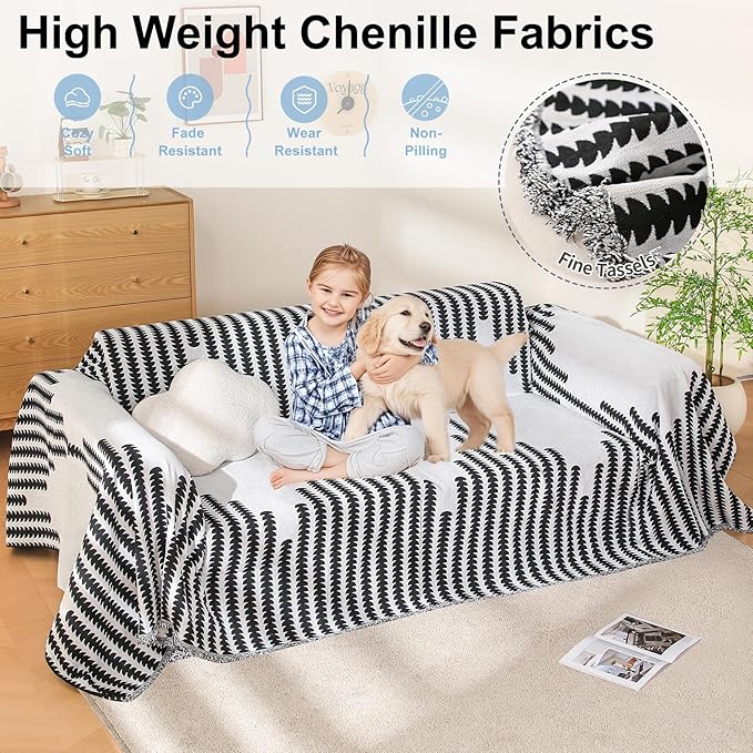 Boho Sofa Cover, Couch Covers for 3 Cushion Couch Sofa Pet Friendly, Sofa Cover Washable, Soft Chenille Living Room Couch Covers Slipcover, Pet Furniture Protecto (2# White, 71" x 150")