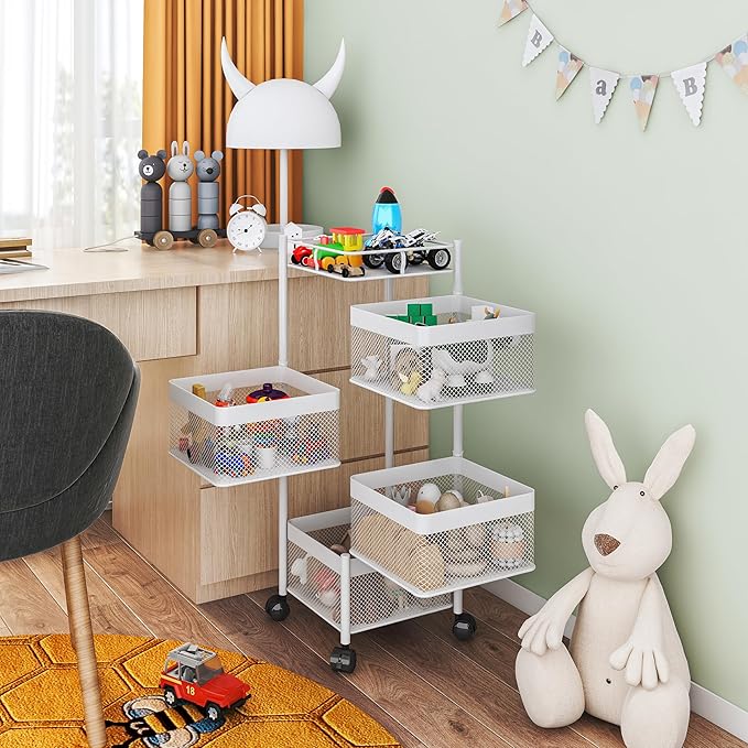 Rotating Kitchen Storage Rack,Fruit and Vegetable Basket Cart,Bathroom Shelf,Kitchen Organization and Storage Rack,Rolling Carts on Wheels(White, 4 Tier-Square)