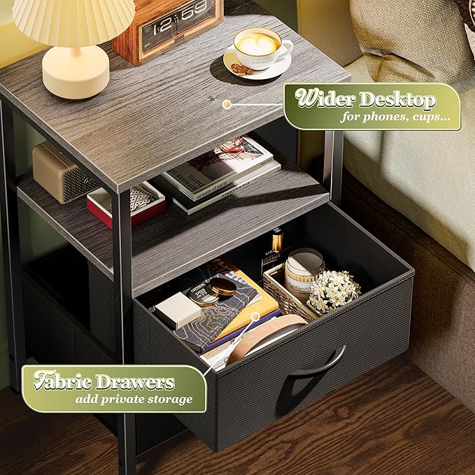 Huuger Night Stand with 2 Drawers, Bed Side Table with Open Shelf, Wooden Top, Nightstand for Bedroom, End Table for Small Space, Fabric Drawer, Grey
