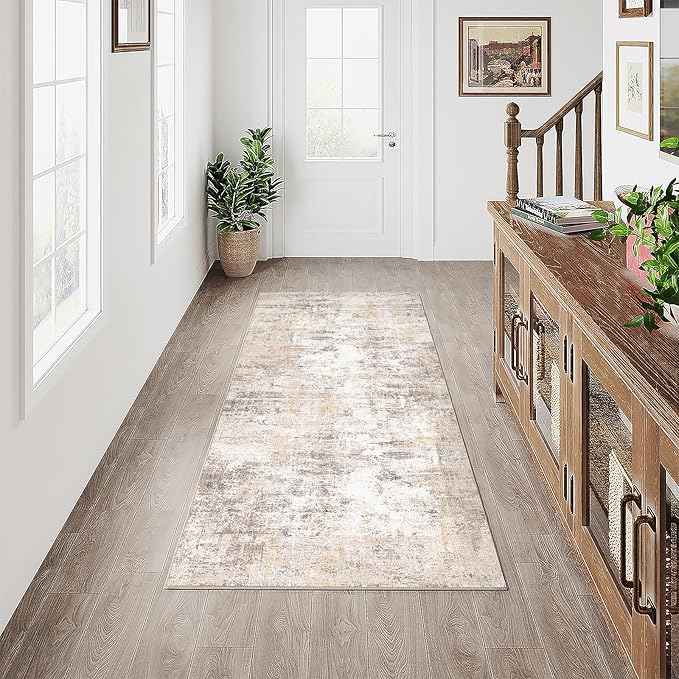 2x5 Washable Runner Rug Beige Grey Neutral Abstract Hallway Kitchen Living Room Bedroom Non Slip Throw Rug Soft Low Pile Indoor Carpet for Entrance Laundry Bathroom