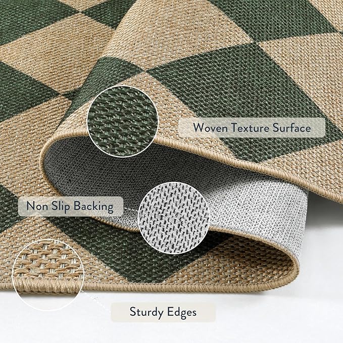 Lahome Checkered Outdoor Rug 5x7, Washable Rug for Living Room Office Indoor Outdoor Carpet, Farmhouse Non Slip Non Shedding Green Carpet for Dining Room Sunroom Patio Courtyard