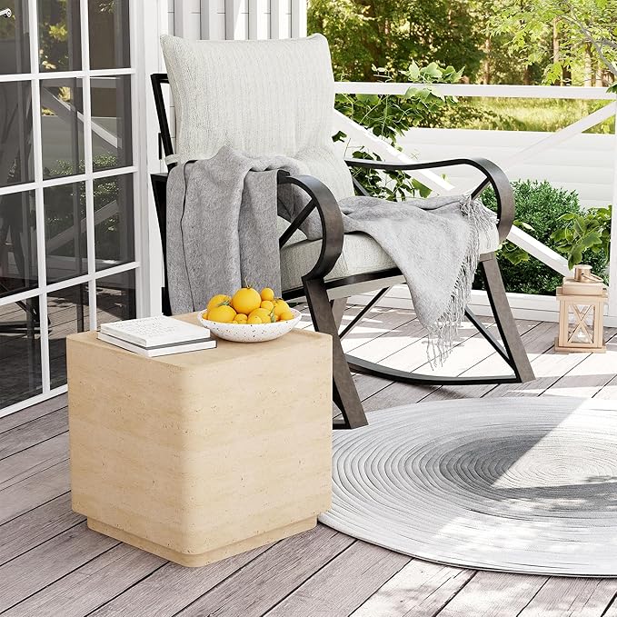 COSIEST 14.4" Outdoor Side Table, Rectangular Concrete End Table for Patio Small Outdoor Coffe Tables, Garden Stool Accent Table for Livingroom, Porch, Deck, Balcony & Beach，Sandy Yellow