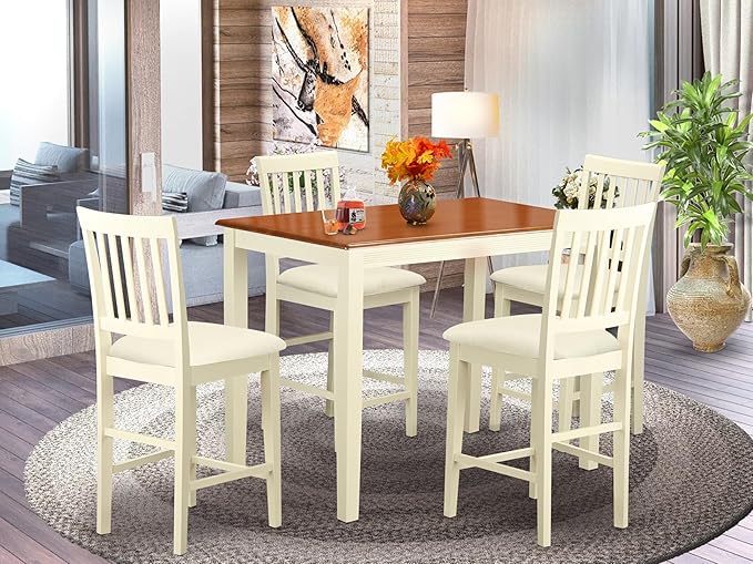 East West Furniture YAVN5-WHI-C 5 Piece Kitchen Counter Set Includes a Rectangle Dining Room Table and 4 Linen Fabric Upholstered Dining Chairs, 30x48 Inch, Buttermilk & Cherry